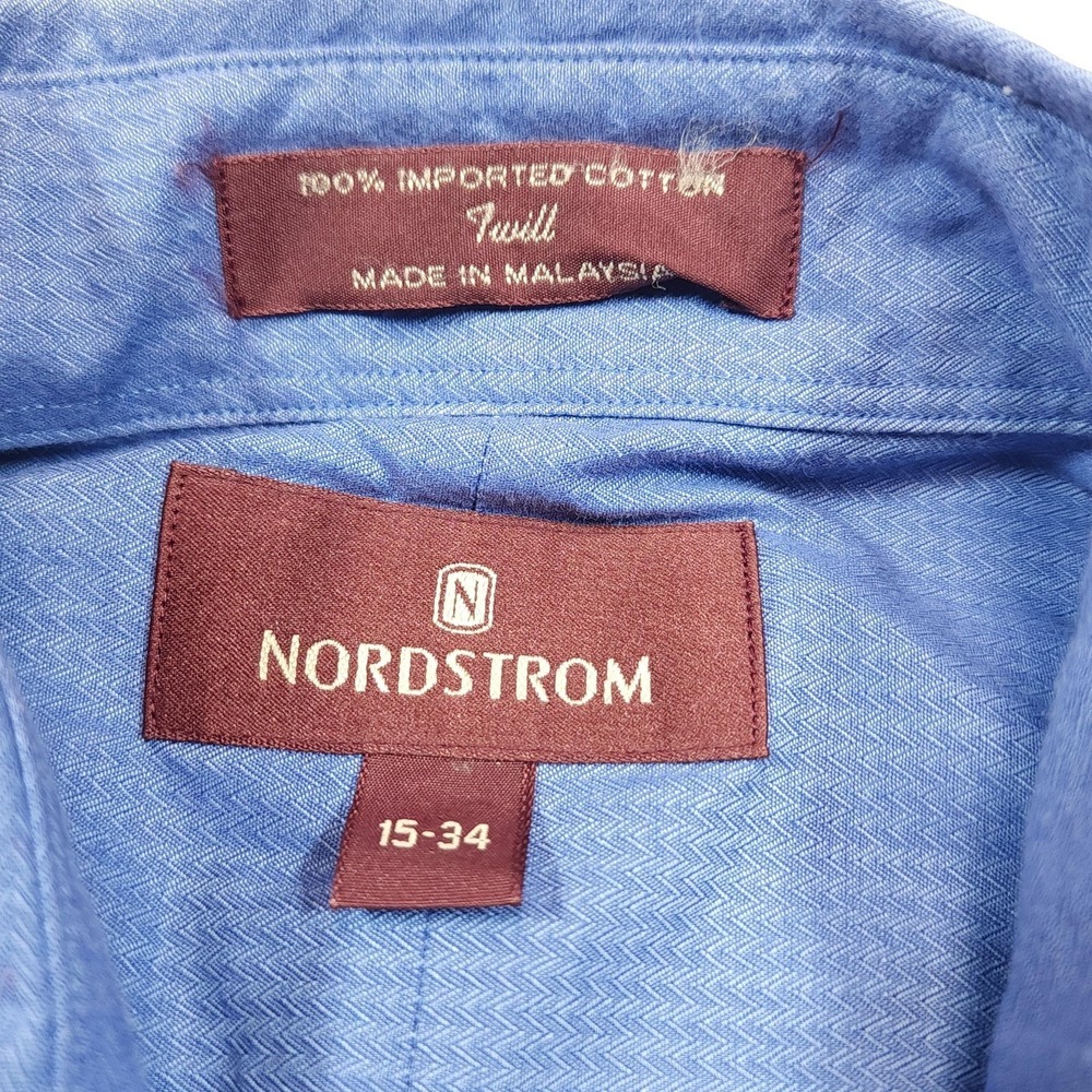 Nordstrom Dress Shirt Mens‎ 15 34/35 Blue Herringbone Twill Cotton Malaysia - Picture 4 of 7